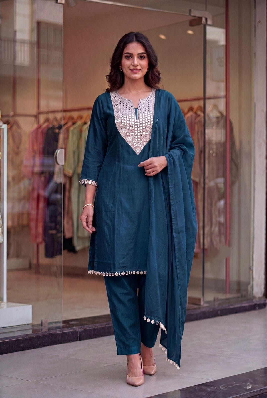 Teal Blue Premium Mirror Work Festive Wear Salwar Suit Set